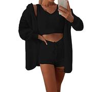 Minetom Femmes Ensemble de 3 Pièces Pyjamas Chaud Toison Polaire Vêtements de Nuit Doux Veste Sweat à Capuche Débardeur Shorts B Noir 36