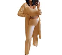 Minetom Femmes Ensemble de 3 Pièces Pyjamas Chaud Toison Polaire Vêtements de Nuit Doux Veste Sweat à Capuche Débardeur Pantalons Longs C Kaki 36