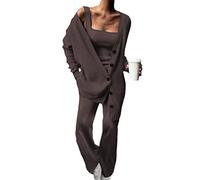 Minetom Femmes Ensemble de Survêtement de Trois Pieces Survêtement Tricoté Pullover Débardeur Zippés Cardigan et Pantalon 3pcs Café M