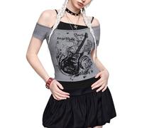 Minetom Femmes Faux 2 Pièces T-Shirt À Manches Courtes Y2K Gothique Impression Crop Top Club Party Streetwear Épaules Dénudées Haut Court Punk Été Harajuku A Gris L
