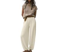 Minetom Femmes Jogging Survêtement Casual Manche Courte Tricoté Chandail Pullover Col Rond Pull Top et Pantalon Ensemble Sportwear 2 Pièces A Blanc XXL