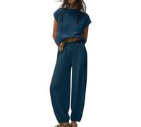 Minetom Femmes Jogging Survêtement Casual Manche Courte Tricoté Chandail Pullover Col Rond Pull Top et Pantalon Ensemble Sportwear 2 Pièces A Bleu XL