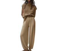 Minetom Femmes Jogging Survêtement Casual Manche Courte Tricoté Chandail Pullover Col Rond Pull Top et Pantalon Ensemble Sportwear 2 Pièces A Kaki L