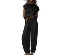 Minetom Femmes Jogging Survêtement Casual Manche Courte Tricoté Chandail Pullover Col Rond Pull Top et Pantalon Ensemble Sportwear 2 Pièces A Noir XS