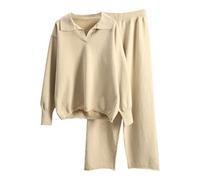 Minetom Femmes Jogging Survêtement Manches Longues Tricoté Chandail Pullover Chaud Col V Pull Top et Pantalon Ensemble Sportwear 2 Pièces Abricot L