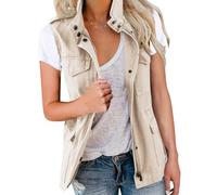 Minetom Femmes Poches Fonctionnelles Cordon De Serrage Taille Gilet Cargo Veste Sans Manches Blouson Reporter Travail Camping Randonnée Outwear C Abricot S
