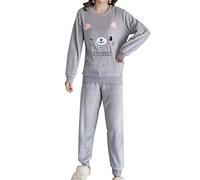Minetom Femmes Pyjama Ensemble Hiver Manche Longue Chaud Doux Toison Polaire Animal Mignon Vêtements de Nuit Intérieur Deux Pièces Tops et Pantalon C Gris 34