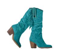 Minetom Femmes Suède Bottes Zipper Franges Bottes Hautes Hiver Vintage Chaussures Talons Bloc Boots Cavalière Mollets C Bleu 41 EU