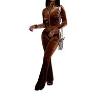 Minetom Femmes Velours Ensemble Survêtement Manche Longue Blouson Sweat-Shirt Revers Veste Jogging Pantalon Sports Suits 2pcs Café S