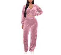 Minetom Femmes Velours Ensemble Survêtement Manche Longue Veste Blouson Manteau à Capuche Jogging Pantalon Sports Suits 2pcs Z1 Rose 44