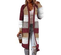 Minetom Gilet Cardigan Long Femmes Veste en Tricot Bloc de Couleur Patchwork Hiver Pull Tricoté Casual Blouson Chandail Manteau Outwear C Vin Rouge L