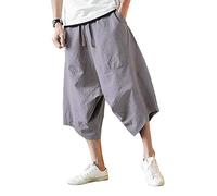 Minetom Homme Été Pantalon en Lin Lâche Capri Shorts Bermudas 3/4 Pantacourt Oversize Baggy Elastique Solide Confortable Respirant Cargo Pants Large Sarouel Gris L