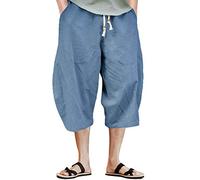 Minetom Homme Été Pantalon en Lin Lâche Capri Shorts Bermudas 3/4 Pantacourt Oversize Baggy Elastique Solide Confortable Respirant Cargo Pants Large Sarouel Cordon de Serrage B Bleu 4XL