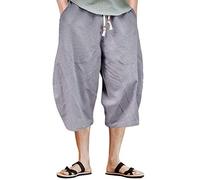 Minetom Homme Été Pantalon en Lin Lâche Capri Shorts Bermudas 3/4 Pantacourt Oversize Baggy Elastique Solide Confortable Respirant Cargo Pants Large Sarouel Cordon de Serrage B Gris M