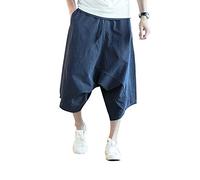Minetom Homme Été Pantalon en Lin Lâche Capri Shorts Bermudas 3/4 Pantacourt Oversize Baggy Elastique Solide Confortable Respirant Cargo Pants Large Sarouel Bleu S