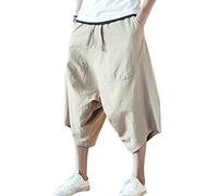Minetom Homme Été Pantalon en Lin Lâche Capri Shorts Bermudas 3/4 Pantacourt Oversize Baggy Elastique Solide Confortable Respirant Cargo Pants Large Sarouel Beige L