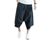 Minetom Homme Été Pantalon en Lin Lâche Capri Shorts Bermudas 3/4 Pantacourt Oversize Baggy Elastique Solide Confortable Respirant Cargo Pants Large Sarouel Noir XL