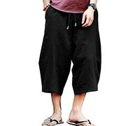 Minetom Homme Été Pantalon en Lin Lâche Capri Shorts Bermudas 3/4 Pantacourt Oversize Baggy Elastique Solide Confortable Respirant Cargo Pants Large Sarouel Cordon de Serrage B Noir S
