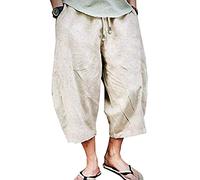 Minetom Homme Été Pantalon en Lin Lâche Capri Shorts Bermudas 3/4 Pantacourt Oversize Baggy Elastique Solide Confortable Respirant Cargo Pants Large Sarouel Cordon de Serrage B Beige 4XL