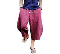 Minetom Homme Été Pantalon en Lin Lâche Capri Shorts Bermudas 3/4 Pantacourt Oversize Baggy Elastique Solide Confortable Respirant Cargo Pants Large Sarouel Cordon de Serrage B Vin Rouge 4XL