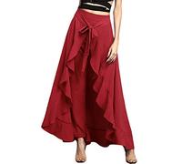 Minetom Jupe Pantalon Large Femme Yoga Taille Haute Jupe Maxi Longue Pantalon Taille Haute avec La Ceinture À Nouer Pantalon Jupe Rouge M
