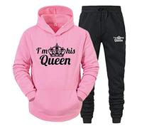 Minetom King Queen Imprimé Survêtement Couple Ensemble de Sport Jogging Femme Homme Hoodie Top Sweat à Capuche et Pantalon 2 Pièces Set Rose Queen XS