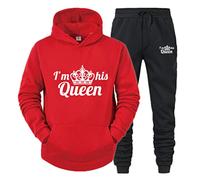 Minetom King Queen Imprimé Survêtement Couple Ensemble de Sport Jogging Femme Homme Hoodie Top Sweat à Capuche et Pantalon 2 Pièces Set Rouge Queen XL