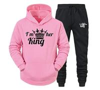 Minetom King Queen Imprimé Survêtement Couple Ensemble de Sport Jogging Femme Homme Hoodie Top Sweat à Capuche et Pantalon 2 Pièces Set Rose King L