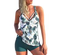 Minetom Maillot de Bain 2 Pièces Femme Tankini Ensembles Imprimé Amincissant Slim Maillots Bikini Set Plage Haut et Short D Vert XXL