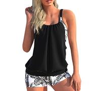 Minetom Maillot de Bain 2 Pièces Femme Tankini Ensembles Maillots Push Up Bikini Set Imprimé sans Manches Débardeur et Short F Noir M