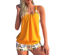 Minetom Maillot de Bain 2 Pièces Femme Tankini Ensembles Maillots Push Up Bikini Set Imprimé sans Manches Débardeur et Short F Orange L