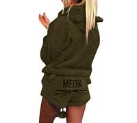 Minetom Nouveau Automne Hiver Femmes Ensemble De Deux Pièces Pyjamas Chaud Corail Velours Costume Vêtements De Nuit Mignon Chat Motif Hoodies Shorts Outfit Armée Verte FR 36