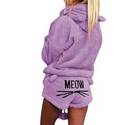 Minetom Nouveau Automne Hiver Femmes Ensemble De Deux Pièces Pyjamas Chaud Corail Velours Costume Vêtements De Nuit Mignon Chat Motif Hoodies Shorts Outfit Violet FR 38