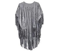 Minetom Poncho Femme Rétro Ouvert Châle Poncho Cape Cardigan Kimono Cover Up Wrap Veste Manteau Garniture à Franges Gris Taille Unique