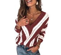 Minetom Pull Femme Automne Hiver Élégant Col V Col Rond Manches Longues Sweater Patchwork Blouse Chic Chaud Tricot Hauts Tunique Pullover Ample Sweater A Bourgogne 38
