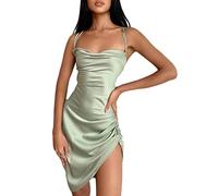Minetom Robe Courte Moulante Dos Nu sans Manches - Asymétrique avec Plis Fendue en Satin Unicolore - Spaghetti Sangle Midi Club - Vert S