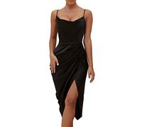 Minetom Robe Courte Moulante Dos Nu Sans Manches Asymétrique Avec Plis Fendue en Satin Unicolore Spaghetti Sangle Midi Club C Noir S