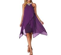 Minetom Robe De Cocktail Asymétrique Au Genou Femme sans Manche Mousseline De Soie Cocktail Bal Mariage Courte Robes Fête A Violet S