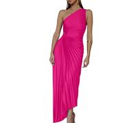 Minetom Robe de Soirée Femme Elegante Une Épaule sans Manches Plissée Party Cérémonie Mariage Demoiselle d'honneur Maxi Robe Longue Rose Vif L