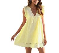 Minetom Robe d'été pour Femmes Tenue décontractée avec Short intégré élégante Robe à col en V à Manches volantées Dentelle Jacquard Couleur Unie Robe Ample avec Poches A Jaune M