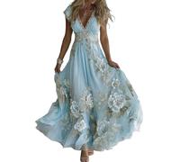 Minetom Robe Longue Boho Femme Été Col en V Manches Courtes Imprimé Floral Dress Élégante Fluide pour Plage Et Mariage A1 Bleu XXL