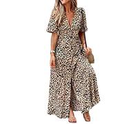 Minetom Robe Longue Femme Imprimé Léopard Col V Manche Courte Soirée Cocktail Maxi Dress Été Robe de Plage Vacances A Kaki M