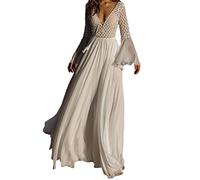 Minetom Robe Maxi Longue Femme Élégant Robe de Soiree Party Plage Boho Grande Taille Dentelle Col V Manches Longues Sundress