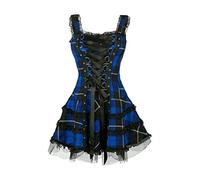 Minetom Robes Femme Mini Robe À Carreaux Robes De Cocktail sans Manches Rétro Vintage Rockabilly Bandage Corsage Dentelle Gothique Steampunk Robe Bleu S