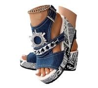 Minetom Sandales D'Été Femme Denim Compensé Chunky Chaussures De Plage Strass Bout Ouvert Talon Pantoufles Plateforme Tongs