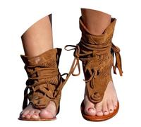 Minetom Sandales Femmes Plates Chaussures Été Plats Claquettes Bout Ouvert Plage Roman Lacets Franges Bohême Sandales A Marron 39 EU