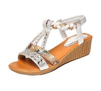 Minetom Sandales pour Femmes Été Bohême Plate-Forme Chaussures À Semelles Compensées Cristal Gladiateur Rome Chaussures De Plage Décontracté Bande Élastique A Argent 34 EU
