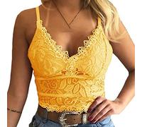 Minetom Sexy Femmes Crop Top Dentelle Débardeur Soutiens-Gorge Dos Nu Camisole Bretelles Bralette Col V sans Manches Shirt A Jaune 44