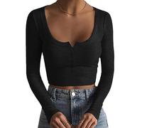 Minetom T-Shirts à Manches Longues pour Femmes Crop Tops Décontracté Col carré Couleur Unie Fitting Basic Slim Fit Y2K Cropped Shirt Sexy Col en U Scoop Neck Haut C Noir M