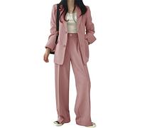 Minetom Tailleur Femme 2 Pièces Elegant Couleur Unie Slim Fit Manche Longue Blazer Veste Formel Bureau Travail Pantalon Costumes B Rose L